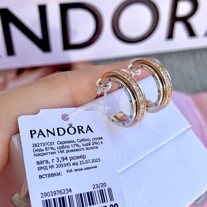 Сережки пандора оригінал, серьги пандора, сережки двоколірні з паве