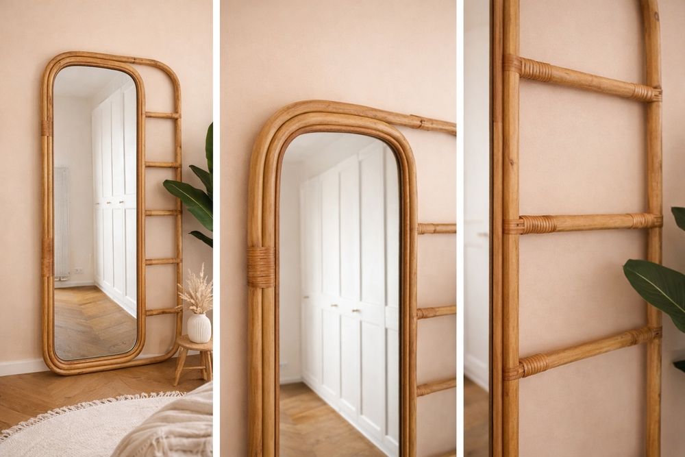 Duże lustro prostokątne ścienne stojące boho rattanowe bambusowe bambo