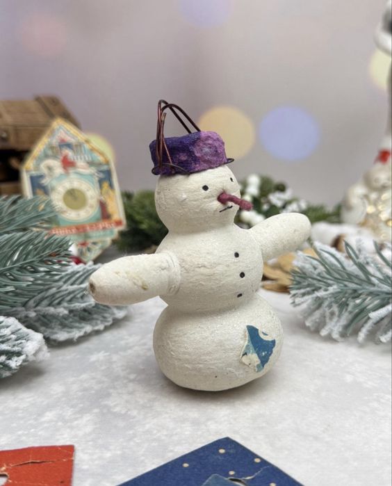 Антикварная редкая ёлочная ватная игрушка, Снеговик, СССР