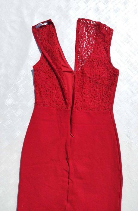 Красное вечернее короткое облегающее платье с кружевом Zara S M разм
