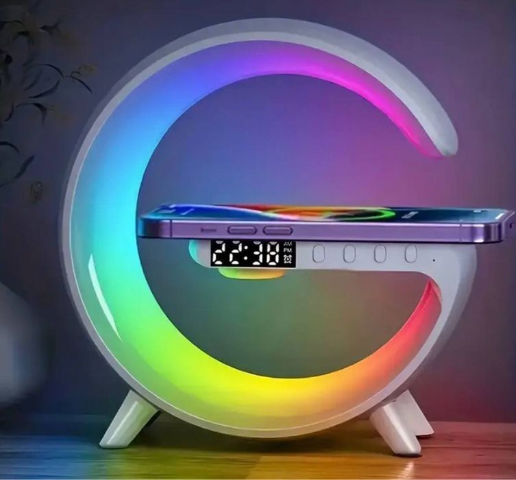 Настільна rgb лампа з колонкою годиником та бездротовою зарядкою