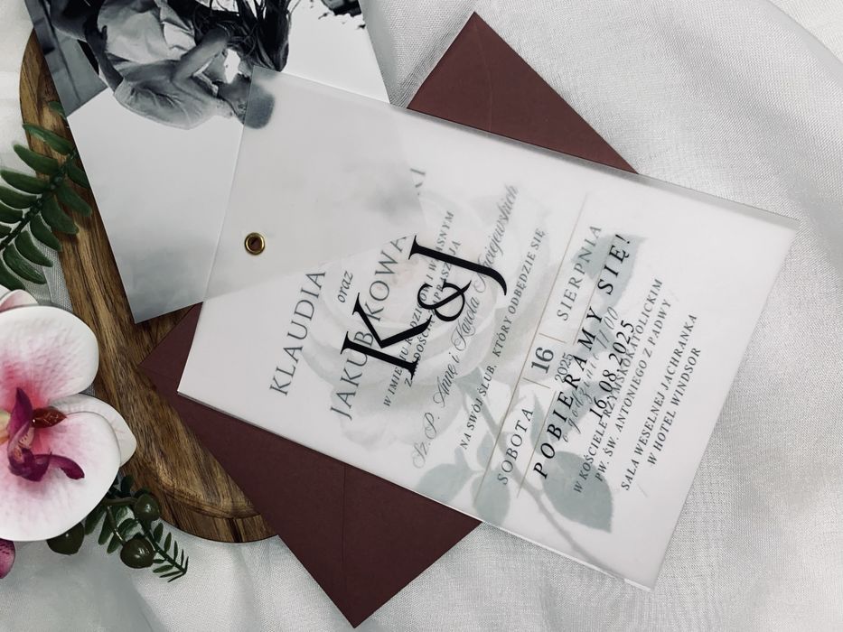 Ślubne zaproszenie ze zdjeciem i kalką + koperta