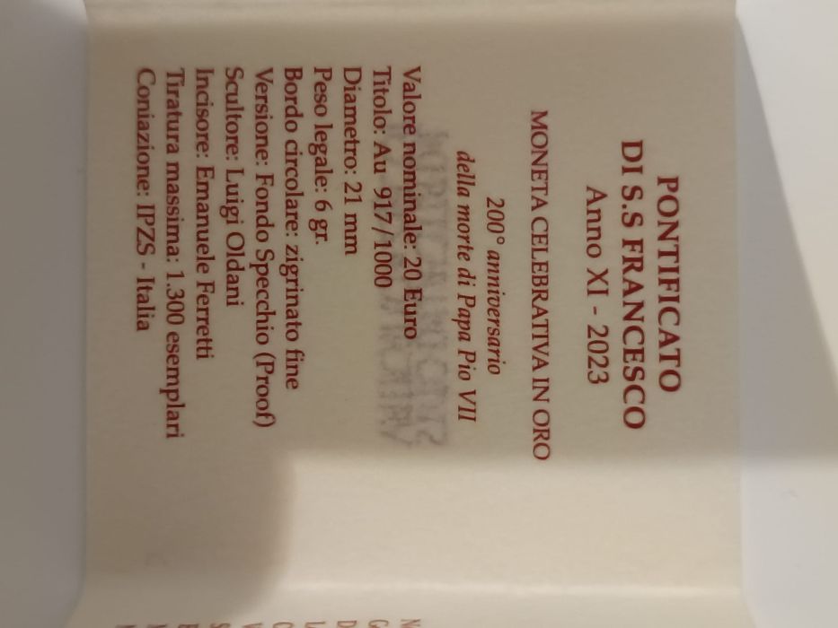 Moeda ouro Vaticano 2023