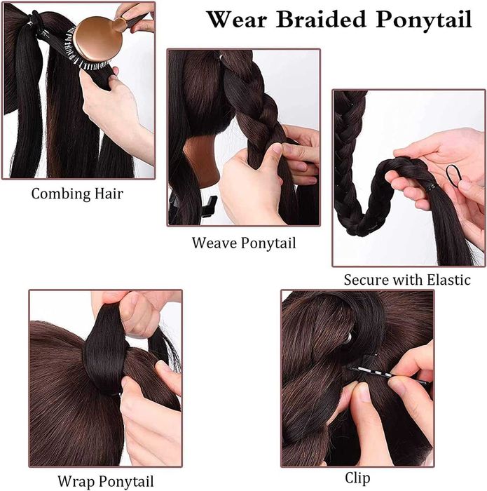 Warkocz pleciony 76cm brązowy kucyk doczepka do włosów BRĄZ