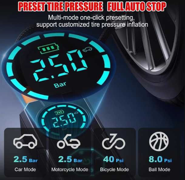 Автокомпресор 4-в-1 | Бездротовий Насос для шин | PowerBank | Ліхтар