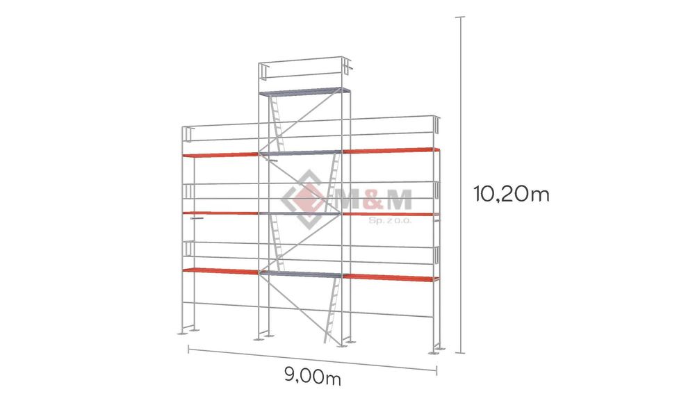 Rusztowanie szczytowe 9 x 10,2 m Ramy stalowe 2m podest drewniany 3m