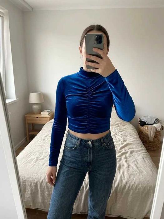 Bluzka półgolf welurowy crop top bluzka sexi krótka obcisła damska z golfem S