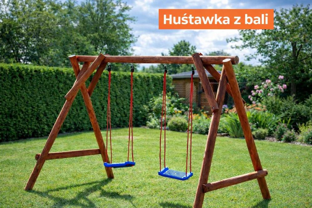Huśtawka ogrodowa drewniana z bali BARTEK – solidna, PRODUCENT