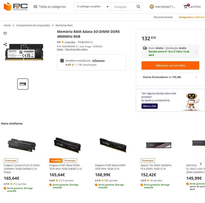 Memória RAM 8 GB DDR5