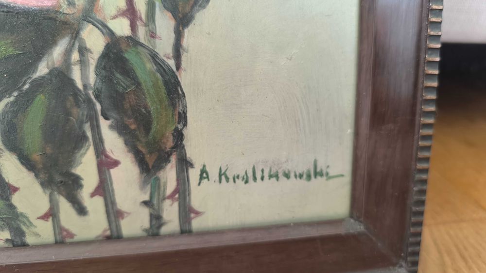 Piękny obraz olejny martwa natura, kwiaty, sygnowany Królikowski