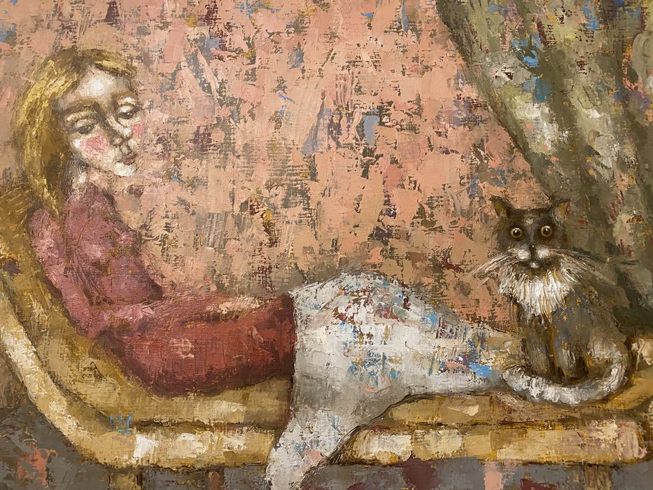 Obraz olejny na płótnie Kobieta z kotem