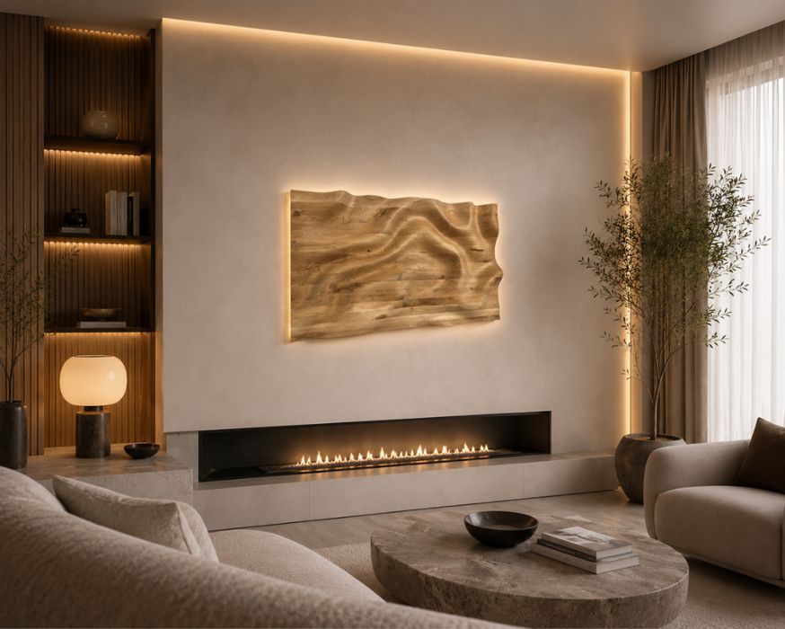 Dębowy panel 3D – fala i górski krajobraz 56 × 37 cm