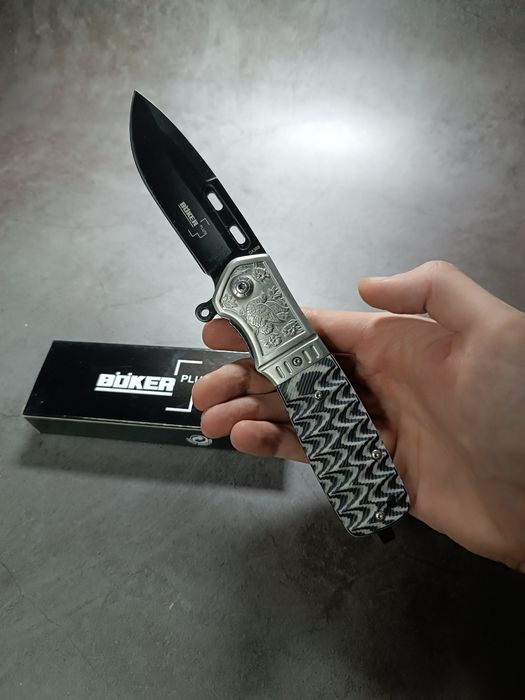 Нож складной Boker Plus DA368 флиппер G10 зигзаг серо-черный