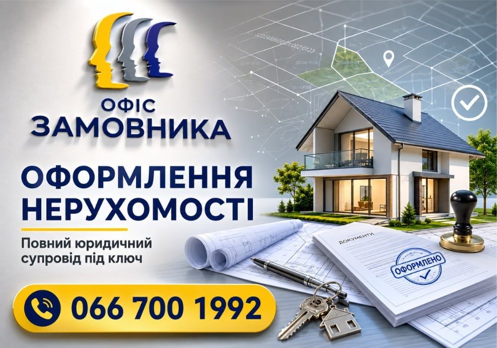 ЮРИДИЧНИЙ СУПРОВІД ПІД КЛЮЧ купівлі та продажу нерухомості. Перевірка документів. Консультації. Реєстрація права власності.