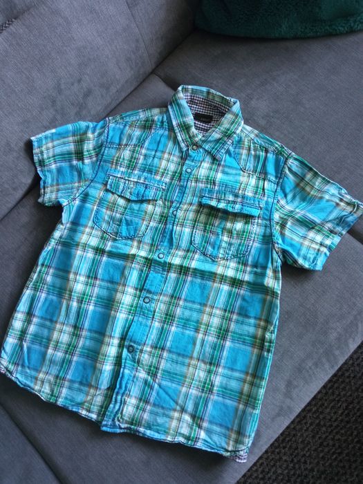 Koszula chłopięca krótki rękaw błękitno-zielona kratka r.140