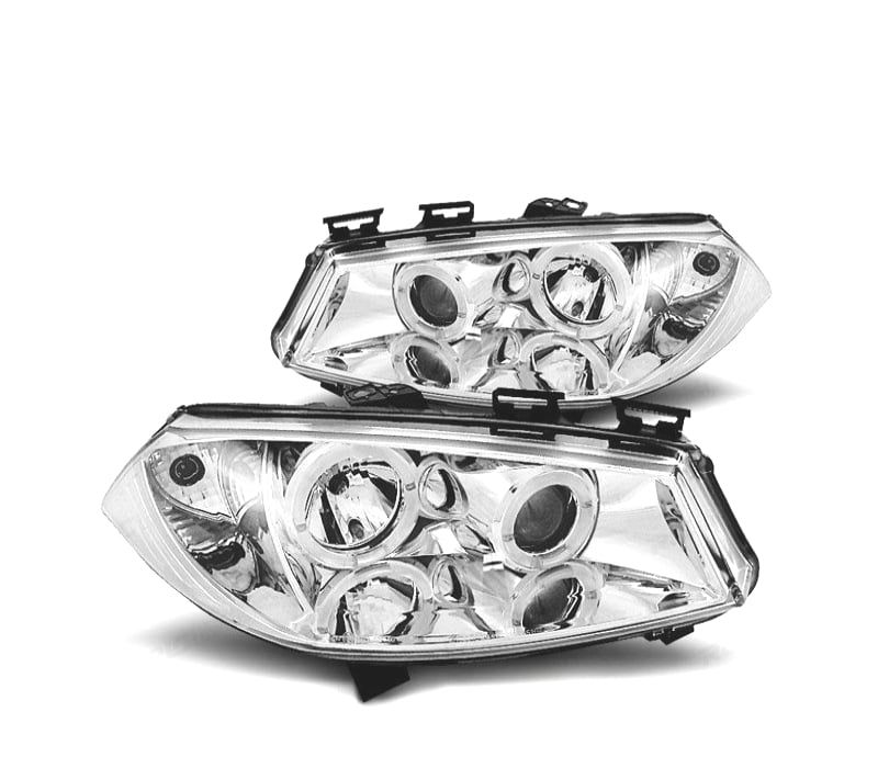 FAROIS FRONTAIS PARA RENAULT MEGANE 02-05 OLHOS DE ANGEL FUNDO CROMADO