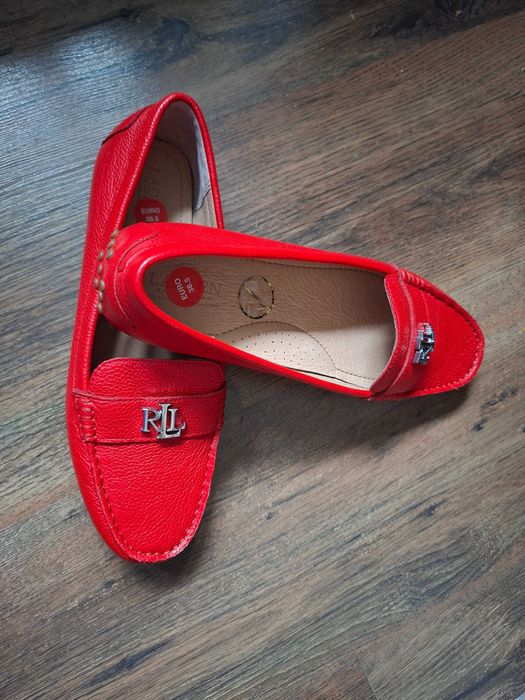Czerwone skórzane mokasyny Ralph Lauren 38,5