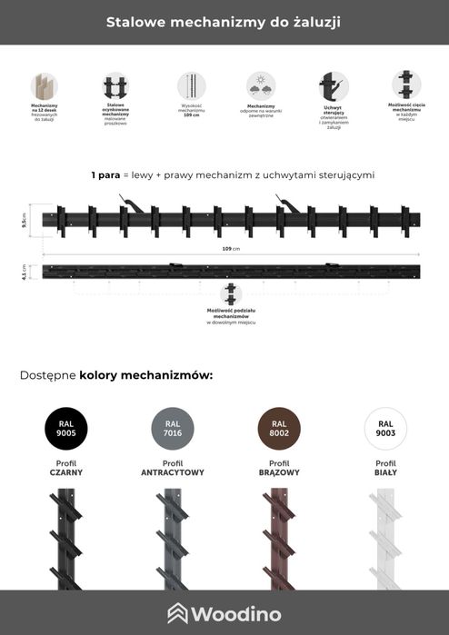System żaluzji 109 cm, ruchome deseczki, metalowy. Stalowy mechanizm