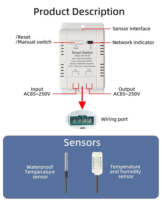 Wi-fi вай-фай термостат 20А с датчиком температуры/влажности ewelink
