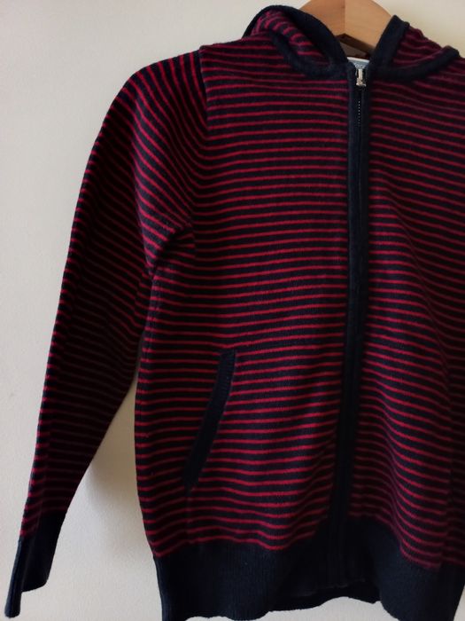 Casaco de malha, riscas azuis e vermelhas, capuz, 4 anos, Jacadi Paris