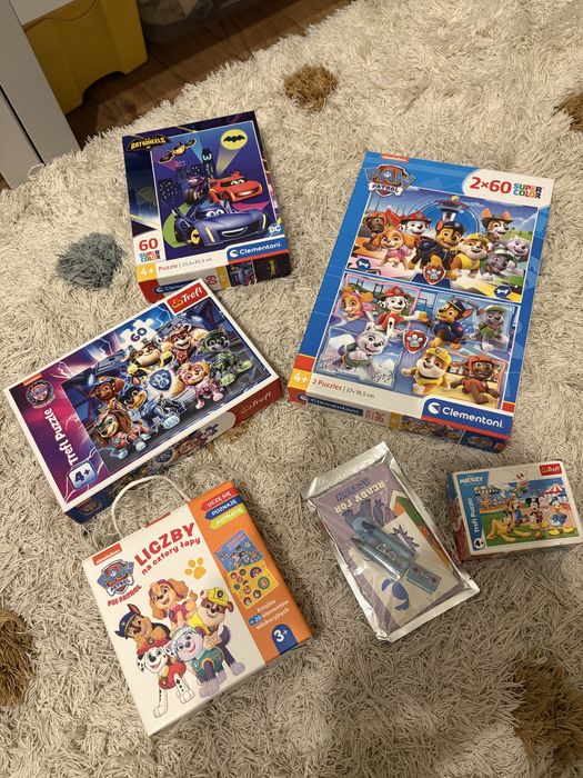 4 x puzzle psi patrol, batwheels, mickey + karty do nauki liczenia