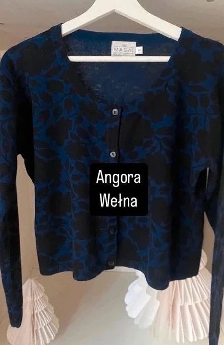 Granatowy kardigan we wzory kwiaty lambswool angora wełna M 38
