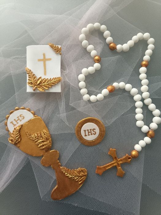 Ozdoby na tort komunijny, komunia, hostia,różaniec,książeczka,kielich