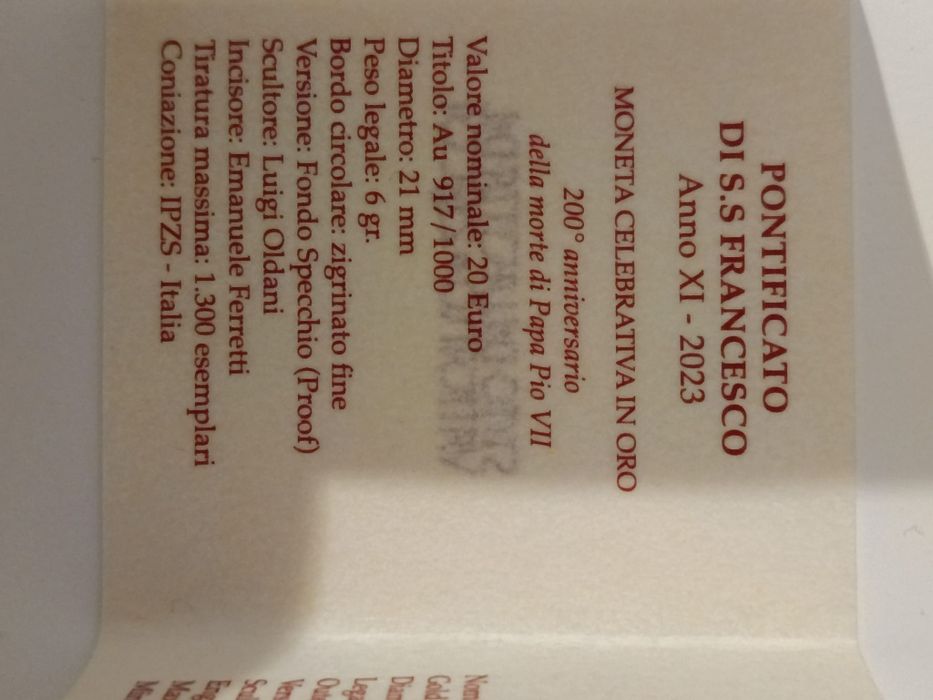 Moeda ouro Vaticano 2023