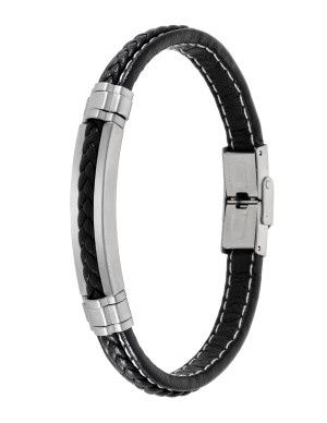 Pulseira em couro preto com detalhes em aço  - Nova