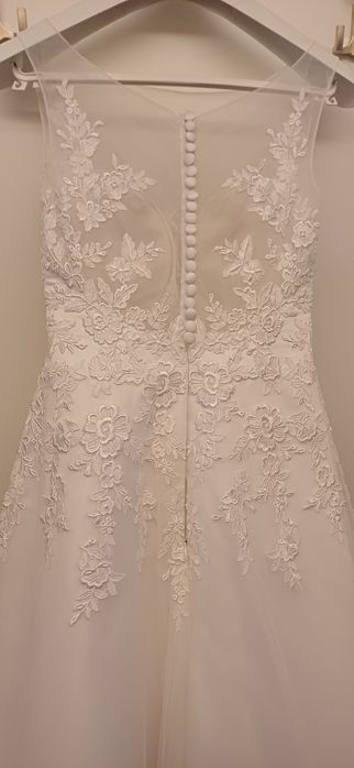 Biała suknia ślubna koronka S/36, dł. 155cm, warstwy 4