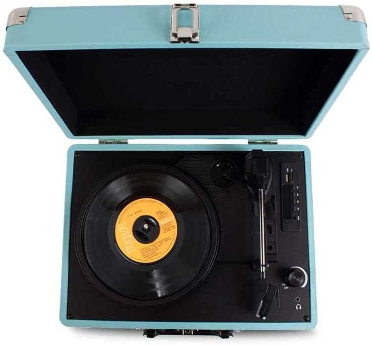 Gira discos portátil mala em madeira ou pele Bluetooth e USB