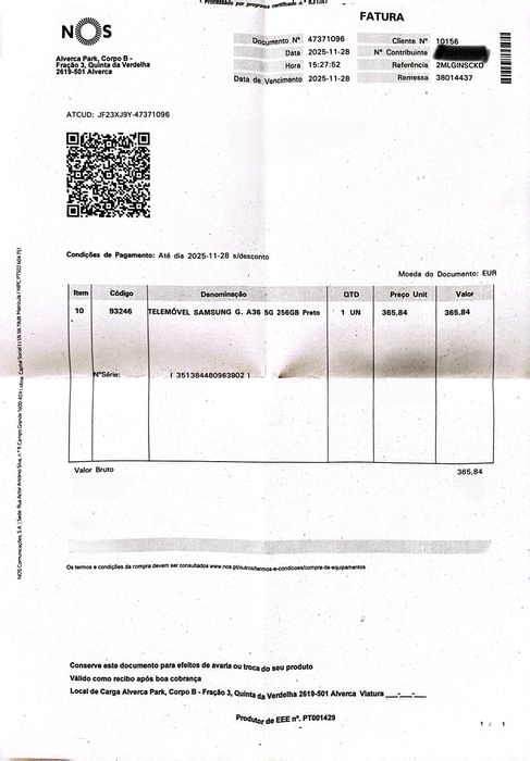 Samsung Galaxy A36 5G 256GB Preto – Novo Selado – Fatura NOS – 3 Anos