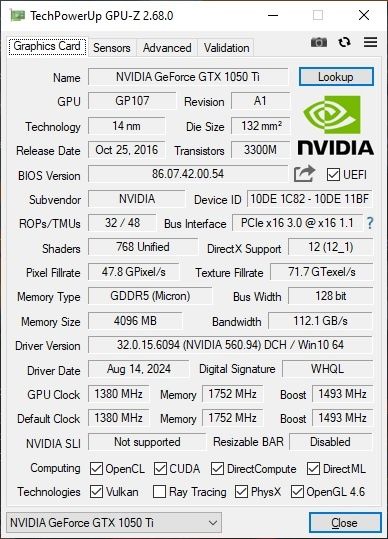 Nvidia GeForce GTX 1050 Ti  4Gb