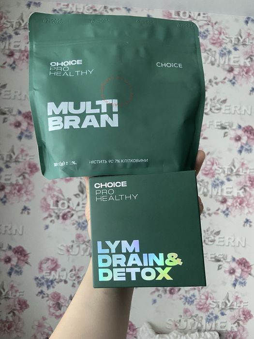 Продукція бренду Choice Pro Healthy, Multi Bran (порошок клітковини) і Lym Drain & Detox (клітковина в капсулах)