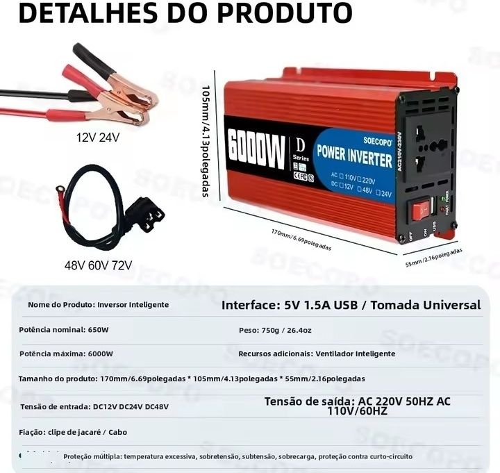 Inversor de potência 12/24/48 com 6000 w