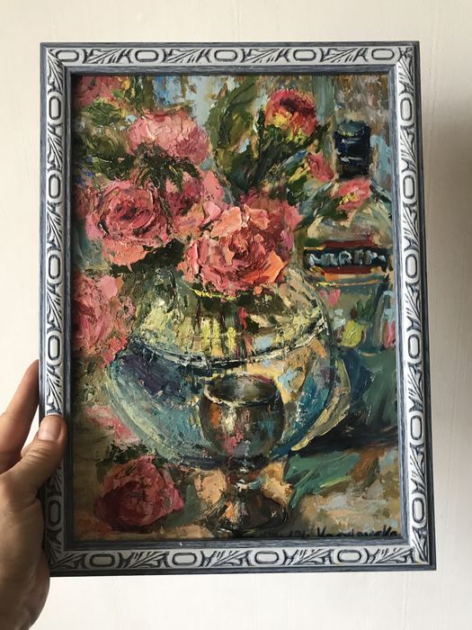 Картина маслом 20x20 см Море Лодки Маки Морской пейзаж