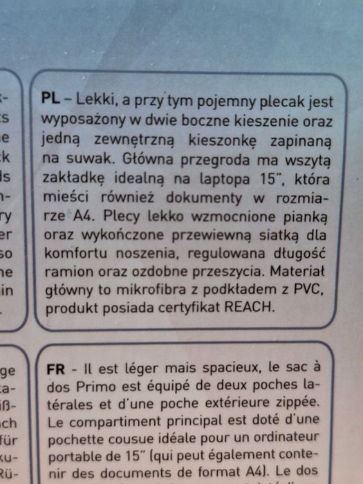 Plecak primo Dodatkowa kieszeń na laptopa