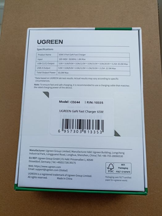 Зарядний пристрій UGREEN 65w GaN PD. Швидка зарядка.