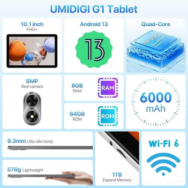 Планшет UMIDIGI G1 Tab Android 13 Smart Tablet 10.1" HD Display