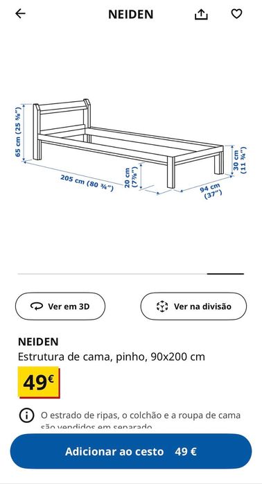 Cama de solteiro IKEA + colchão + proteção de colchão + lençol