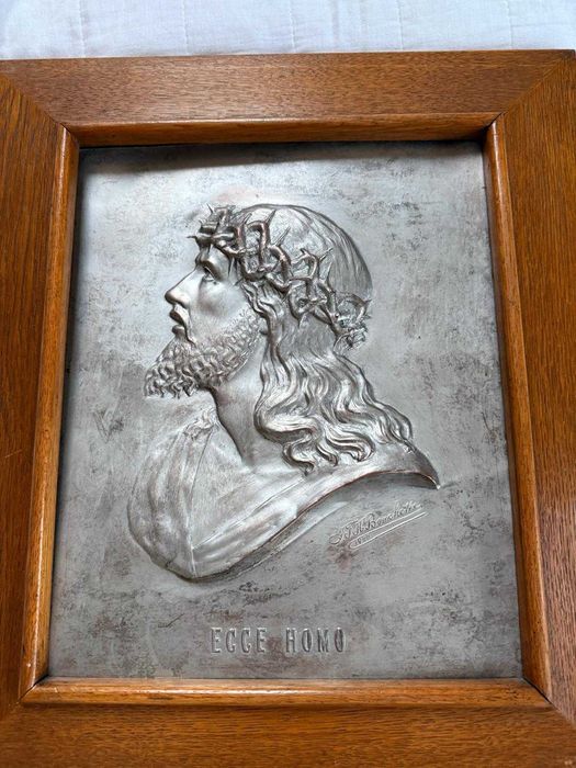 Plakieta „Ecce Homo" popiersie Jezusa Chrystusa – J.F.H. Bouchette 1900, srebrzana miedź, Arnhem – rzadkie dzieło holenderskiego złotnika