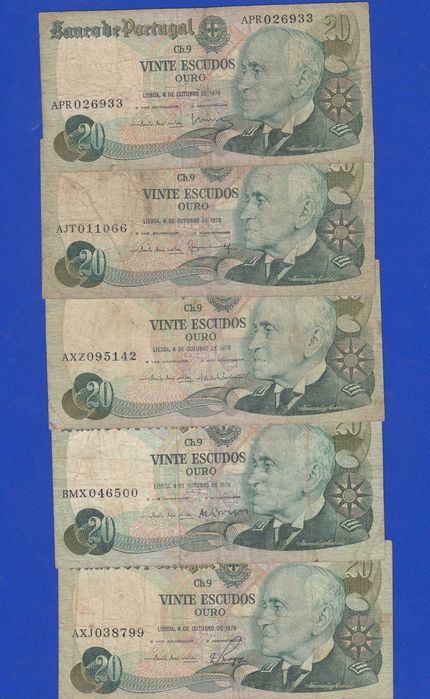 5X Notas Portugal 20 escudos 1978
