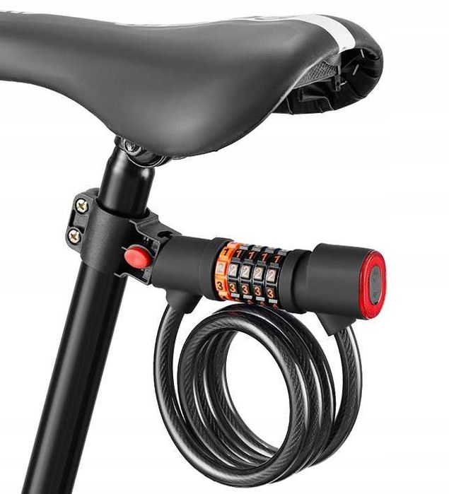 NOWE Zapięcie rowerowe 2w1: stalowa linka z tylną lampką LED