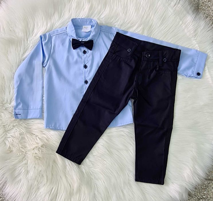 Komplet galowy, garnitur, koszula spodnie muszka szelki 86/92