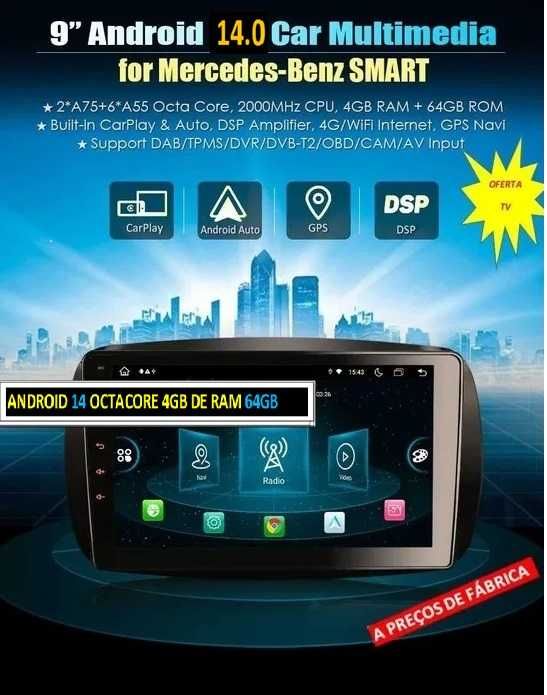 Auto-rádio 2 din android 14 p/ Smart e Renault Dacia Duster