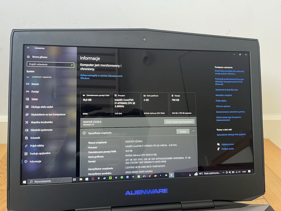 Dell Alienware 18 R1 GTX765m i7-4700mq 16GB 790GB SSD +HDD