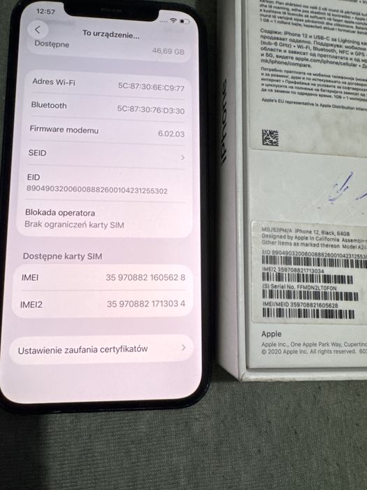 Apple Iphone 12 Black GWARANCJA 64GB 100% kondycji baterii