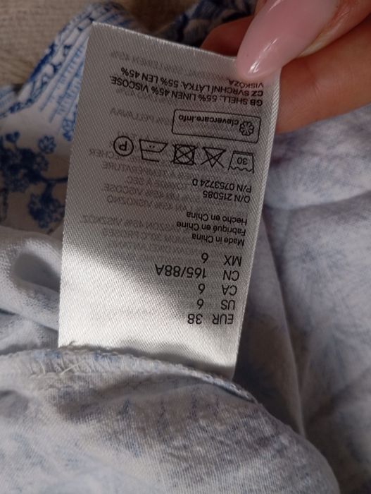H&M M-L linen blend naturalna prosta biało-niebieska sukienka