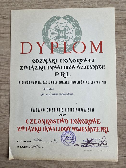 Dyplom Odznaki Honorowej Związku Inwalidów Wojennych.