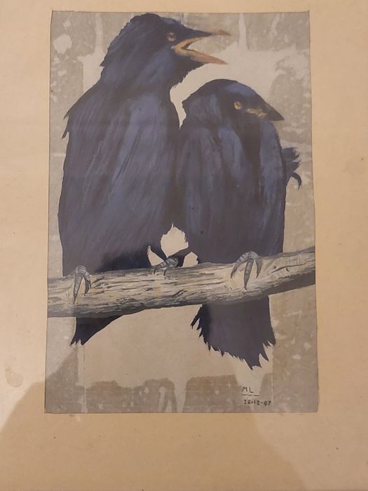 Quadro pintura corvos assinado ml datado